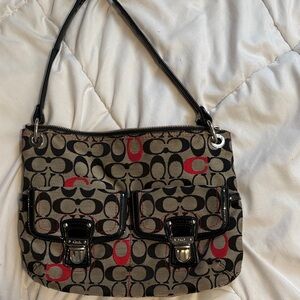 Coach Brown Signature Canvas Shoulder Bag with Black Trim & Red Accents